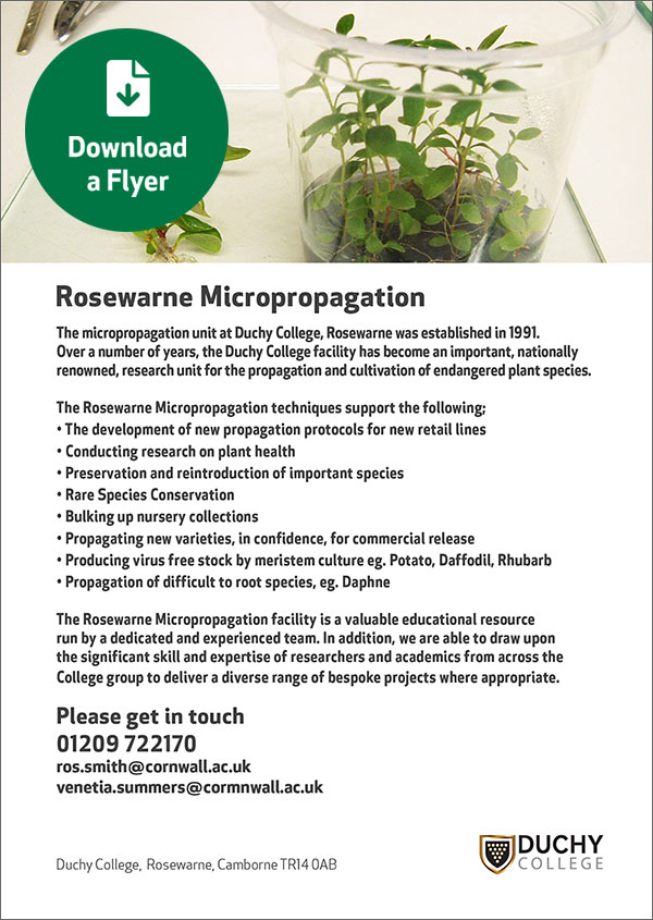 Download a Flyer - The Duchy College Micropropagation Unit, Rosewarne